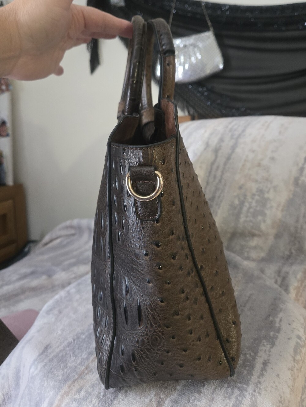 Brown Ostrich Embossed Tote Bag Matching Wallet Croc Texture Satchel - Picture 8 of 13